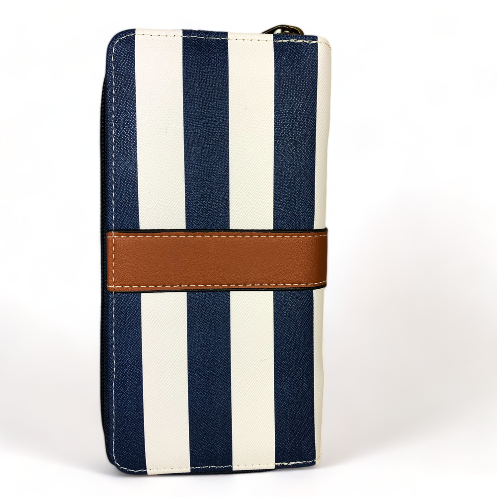 Cotton Road Wallet: NAVY and WHITE PVC Wallet with TAN Strap detailing