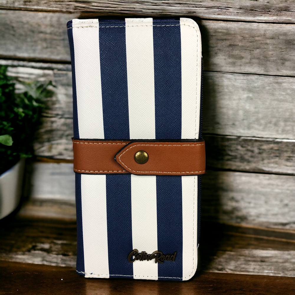 Cotton Road Wallet: NAVY and WHITE PVC Wallet with TAN Strap detailing