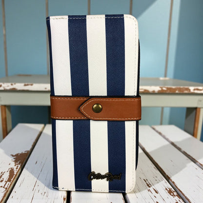 Cotton Road Wallet: NAVY and WHITE PVC Wallet with TAN Strap detailing