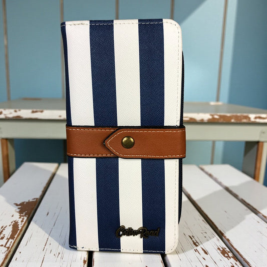Cotton Road Wallet: NAVY and WHITE PVC Wallet with TAN Strap detailing
