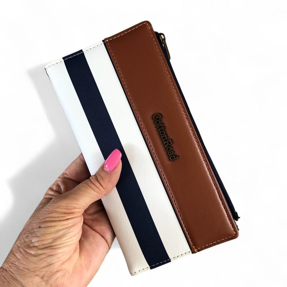 Cotton Road Wallet: NAVY and WHITE PVC Wallet with TAN detailing