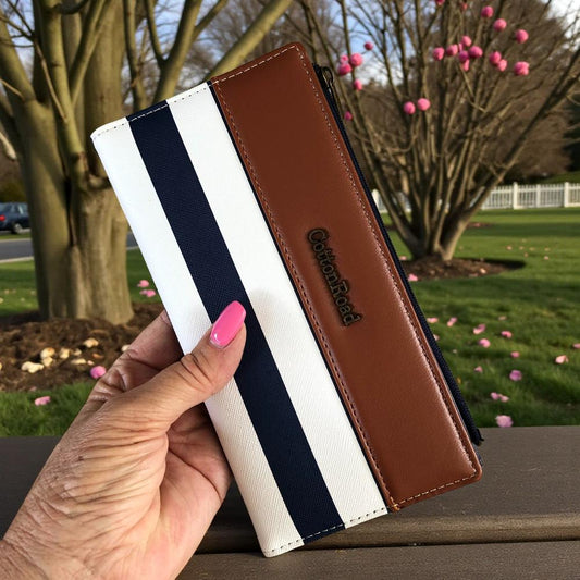 Cotton Road Wallet: NAVY and WHITE PVC Wallet with TAN detailing