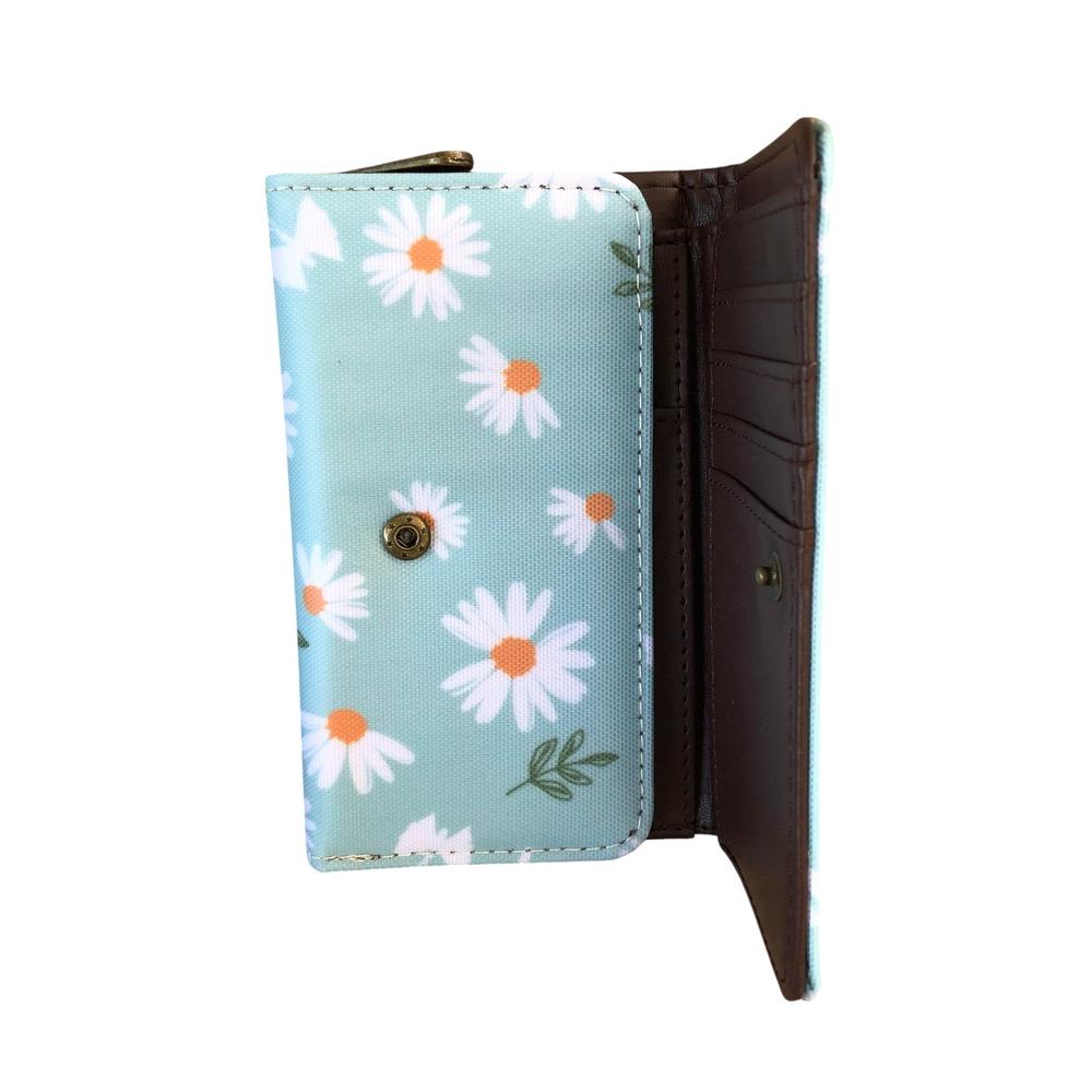 Cotton Road Wallet: Small BLUE PVC Tri-fold Wallet with DAISIES