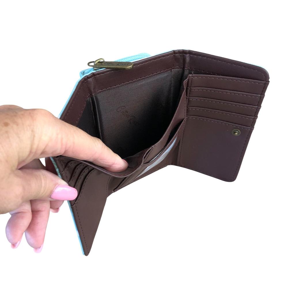 Cotton Road Wallet: Small BLUE PVC Tri-fold Wallet with DAISIES