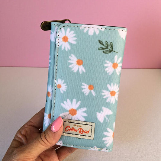 Cotton Road Wallet: Small BLUE PVC Tri-fold Wallet with DAISIES