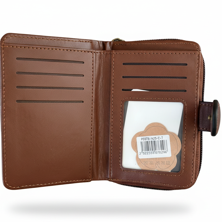 Cotton Road Wallet: Small BROWN Patterned PU Leather with CLIP
