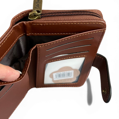 Cotton Road Wallet: Small BROWN Patterned PU Leather with CLIP