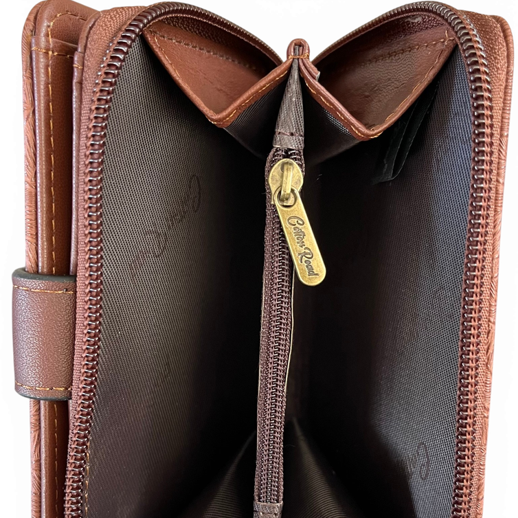 Cotton Road Wallet: Small BROWN Patterned PU Leather with CLIP