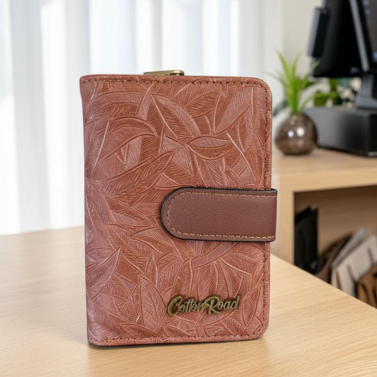 Cotton Road Wallet: Small BROWN Patterned PU Leather with CLIP
