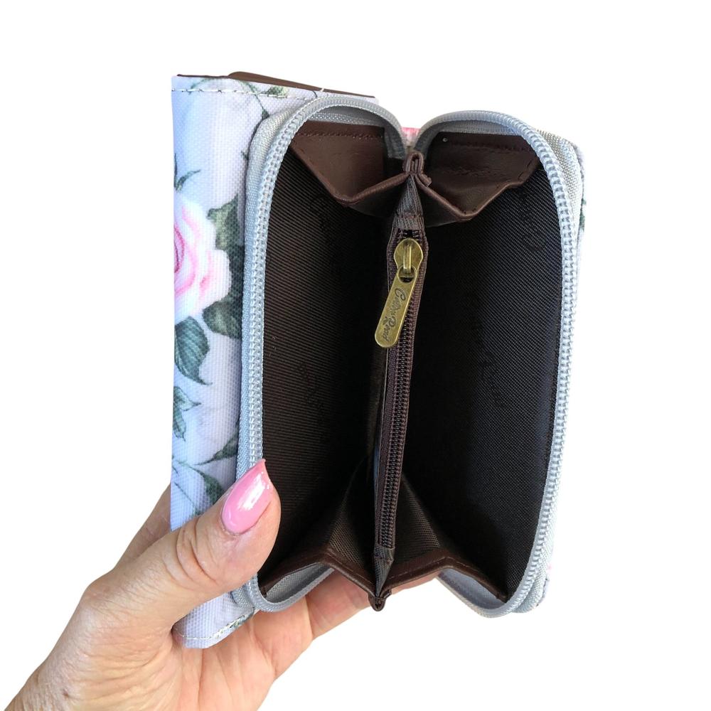 Cotton Road Wallet: Small GREY PVC Tri-fold Wallet with ROSES