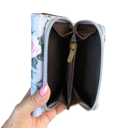 Cotton Road Wallet: Small GREY PVC Tri-fold Wallet with ROSES