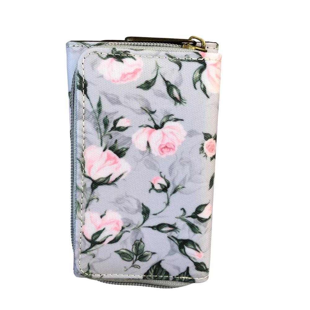 Cotton Road Wallet: Small GREY PVC Tri-fold Wallet with ROSES