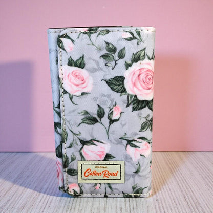 Cotton Road Wallet: Small GREY PVC Tri-fold Wallet with ROSES