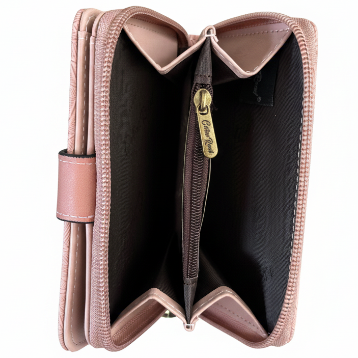 Cotton Road Wallet: Small PINK Patterned PU Leather with CLIP INTERIOR
