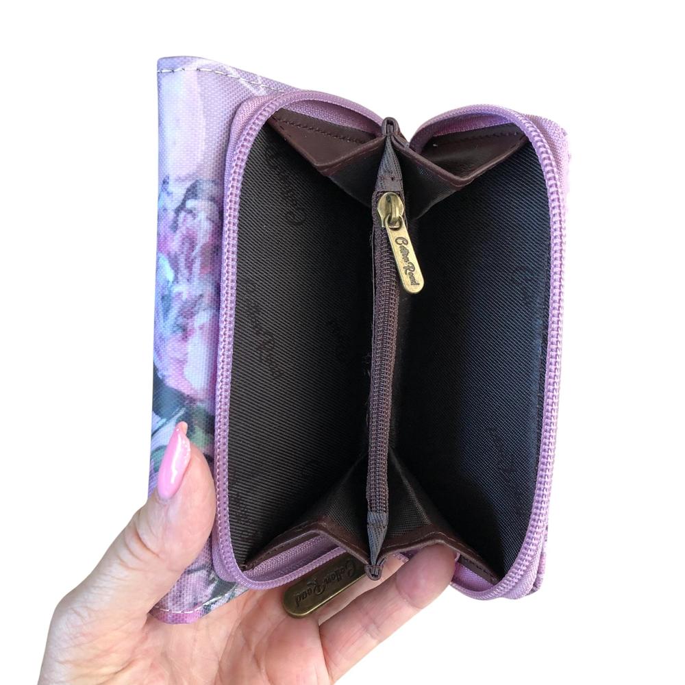 Cotton Road Wallet: Small PURPLE FLORAL PVC Tri-fold Wallet