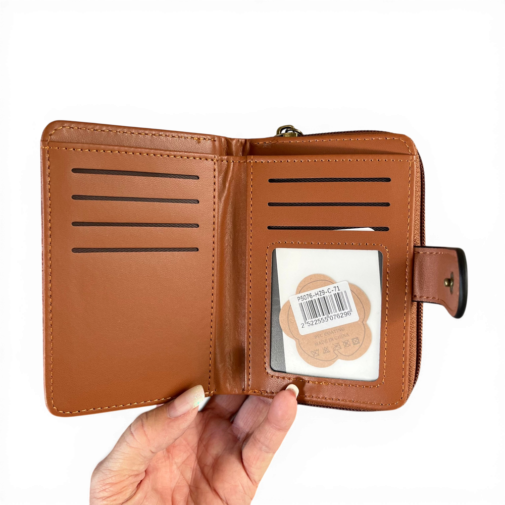 Cotton Road Wallet: Small TAN Patterned PU Leather with CLIP