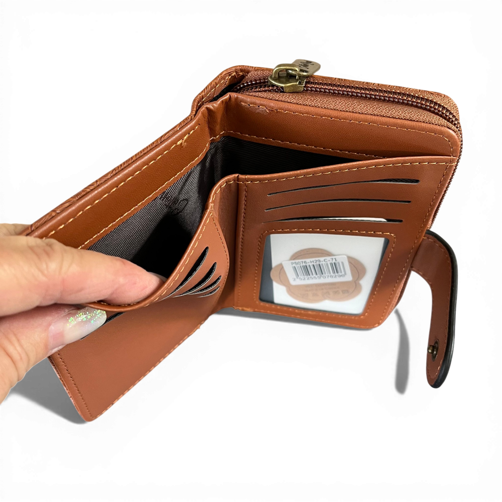 Cotton Road Wallet: Small TAN Patterned PU Leather with CLIP