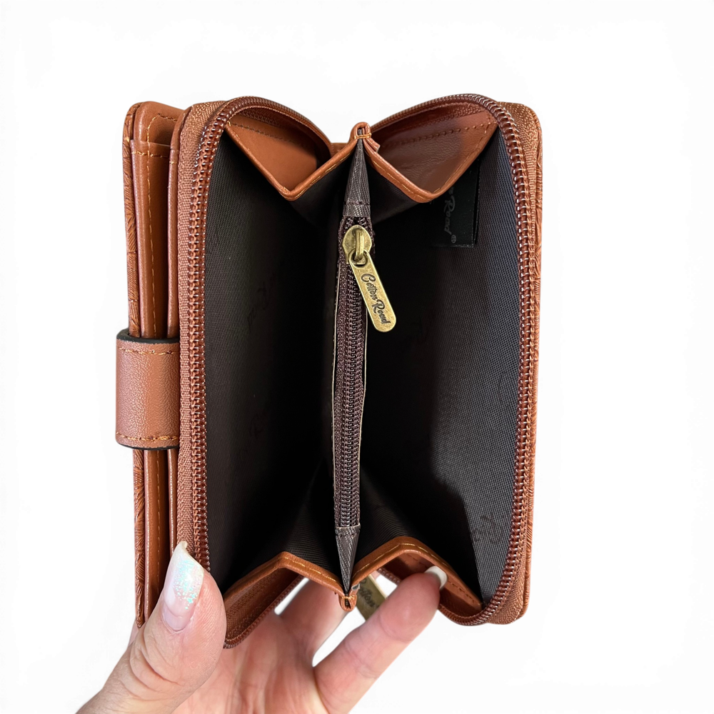 Cotton Road Wallet: Small TAN Patterned PU Leather with CLIP