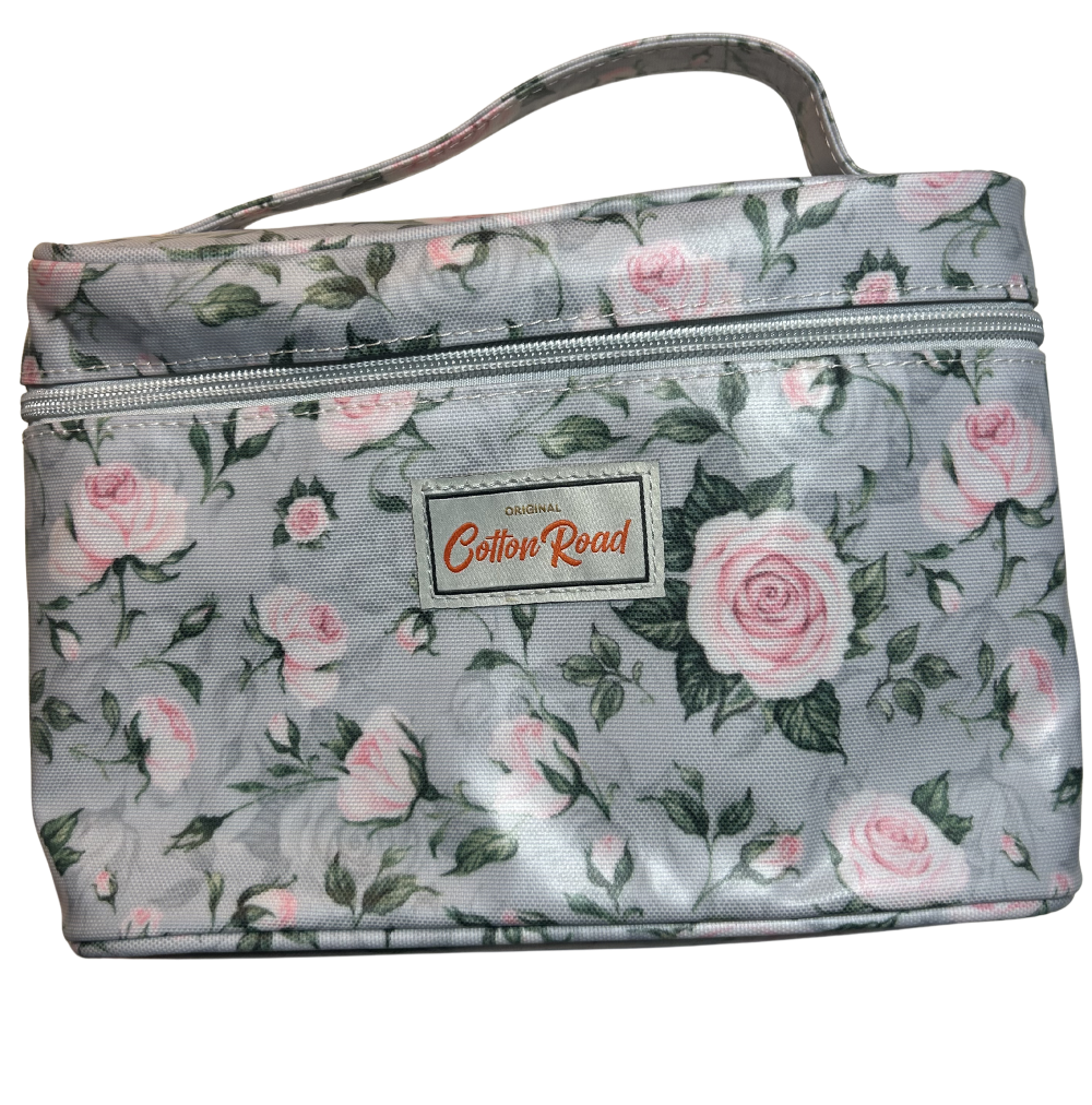 Cotton Road 4-Piece Vanity Set: GREY/ BLUE Set with pink Roses BAG 1 FRONT