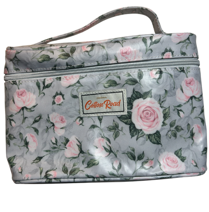 Cotton Road 4-Piece Vanity Set: GREY/ BLUE Set with pink Roses BAG 1 FRONT