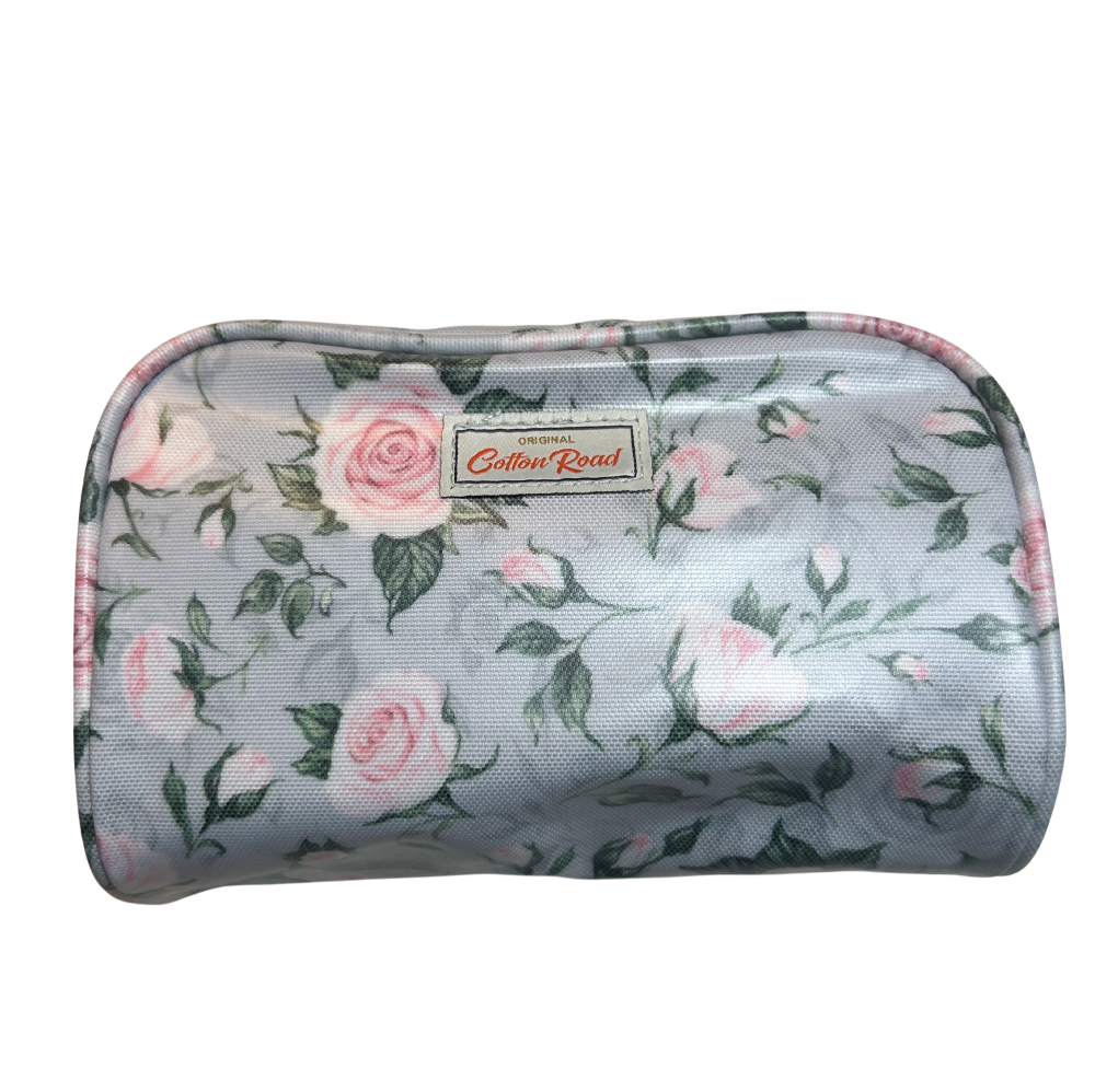 Cotton Road 4-Piece Vanity Set: GREY/ BLUE Set with pink Roses MEDIUM BAG 