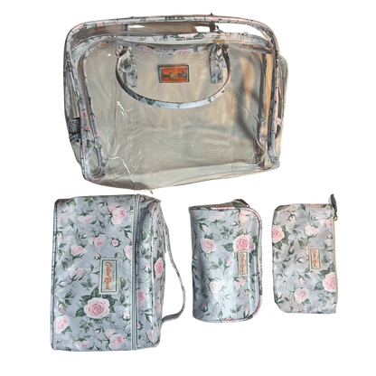 Cotton Road 4-Piece Vanity Set: GREY/ BLUE Set with pink Roses SET