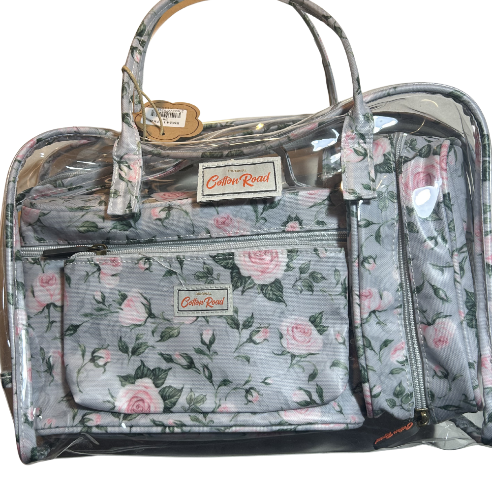 Cotton Road 4-Piece Vanity Set: GREY/ BLUE Set with pink Roses bag PACKED