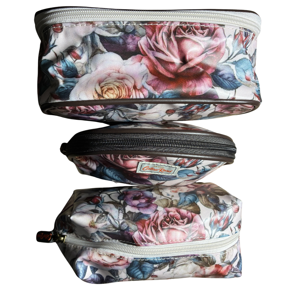 Cotton Road 4-Piece Vanity Set: PINK PVC Cosmetic Bag Set Bag with ROSES SET ALL 3 BAGS TOP VIEW