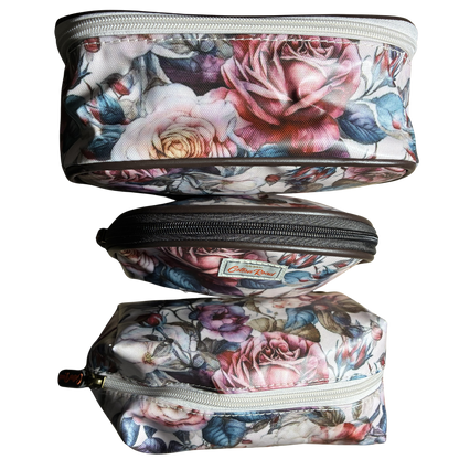 Cotton Road 4-Piece Vanity Set: PINK PVC Cosmetic Bag Set Bag with ROSES SET ALL 3 BAGS TOP VIEW