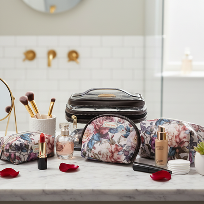 Cotton Road 4-Piece Vanity Set: PINK PVC Cosmetic Bag Set Bag with ROSES SET ALL 4 BAGS LIFESTYLE VIEW