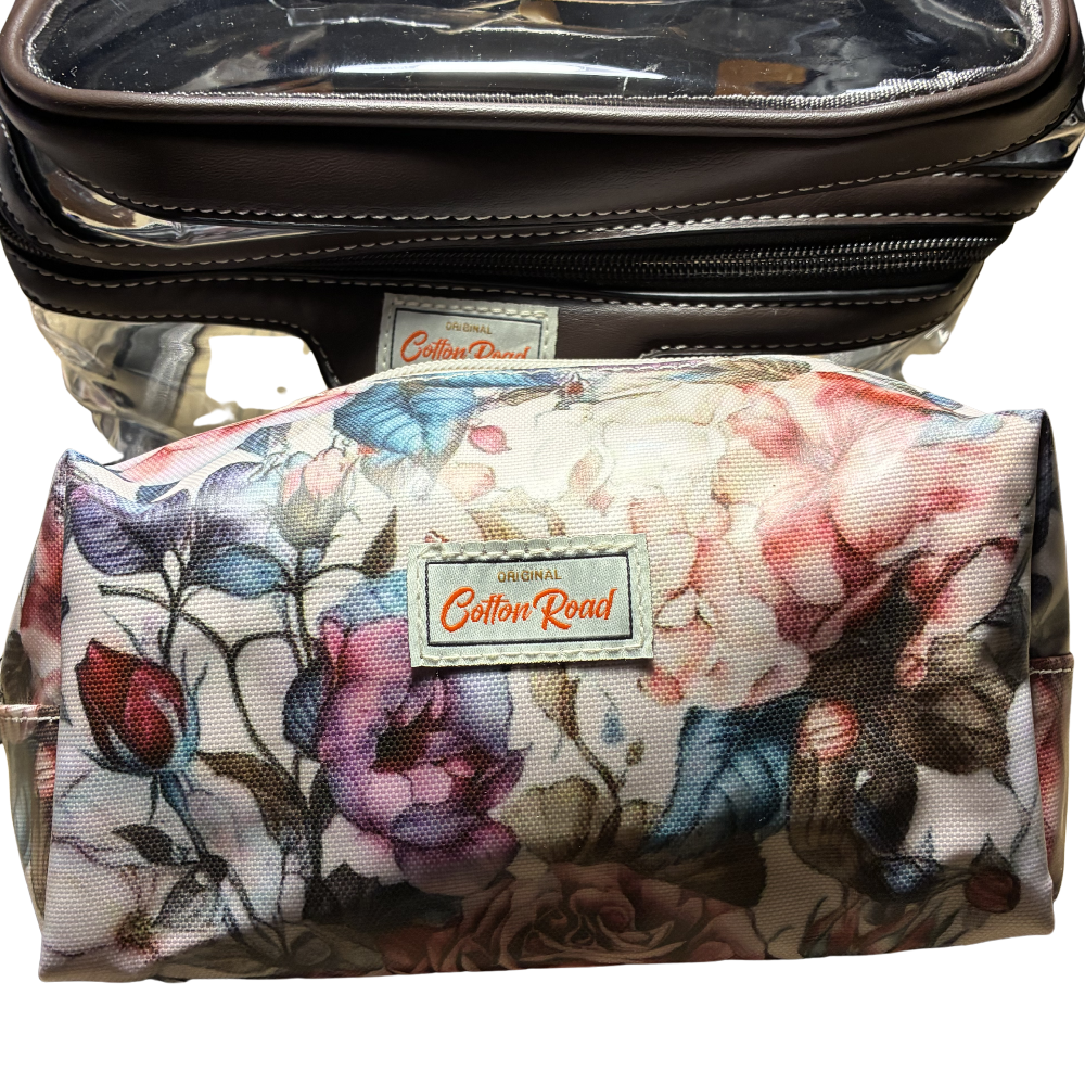 Cotton Road 4-Piece Vanity Set: PINK PVC Cosmetic Bag Set Bag with ROSES SET MEDIUM SECOND BAG