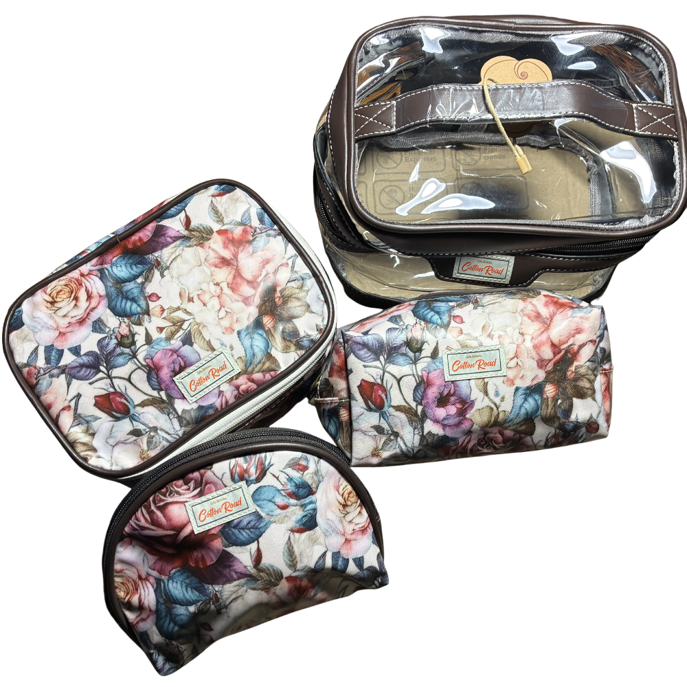 Cotton Road 4-Piece Vanity Set: PINK PVC Cosmetic Bag Set Bag with ROSES SET UNPACKED