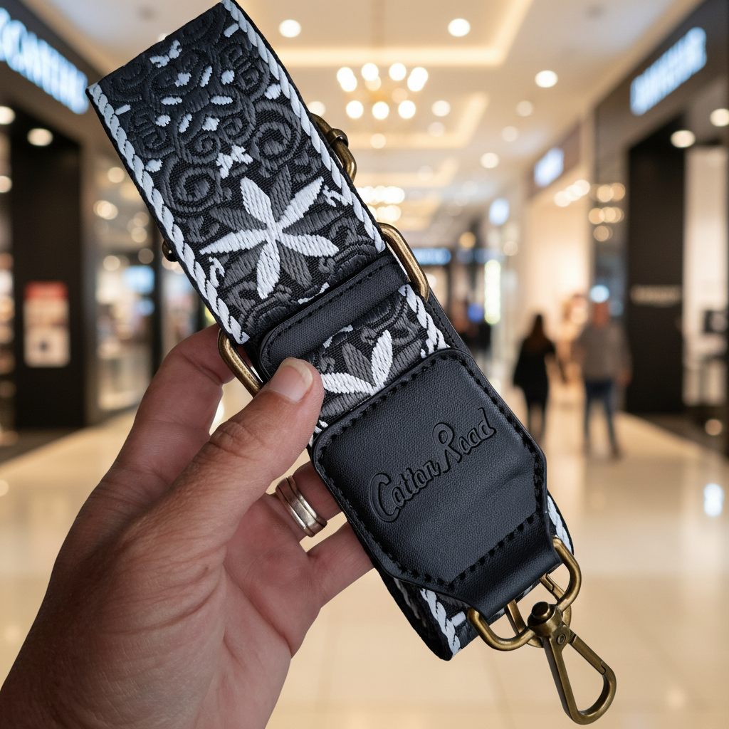 Cotton Road Adjustable Bag Strap: BLACK & WHITE Pattern with Logo Detail