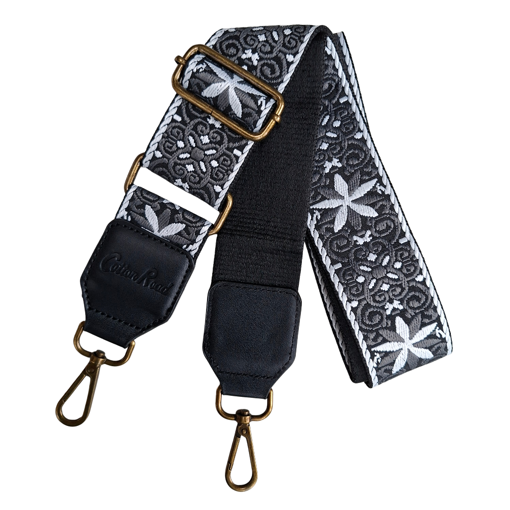 Cotton Road Adjustable Bag Strap: BLACK & WHITE Pattern with Logo Detail zoom