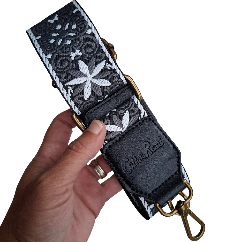 Cotton Road Adjustable Bag Strap: BLACK & WHITE Pattern with Logo Details branded