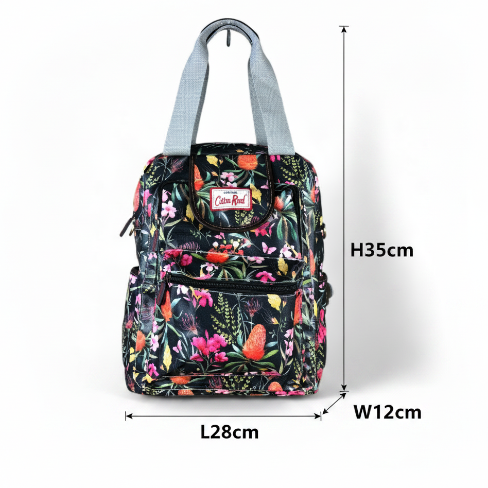 Cotton Road Backpack: BLACK FLORAL PVC Handbag with TWIN HANDLES SIZE