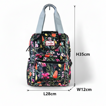 Cotton Road Backpack: BLACK FLORAL PVC Handbag with TWIN HANDLES SIZE