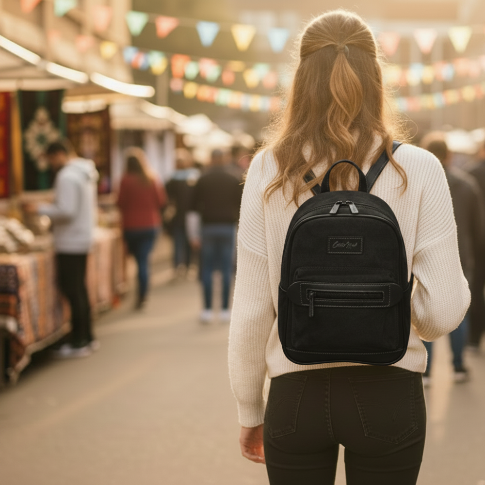 Cotton Road Backpack: BLACK Matte Suede PU Leather Mini Backpack