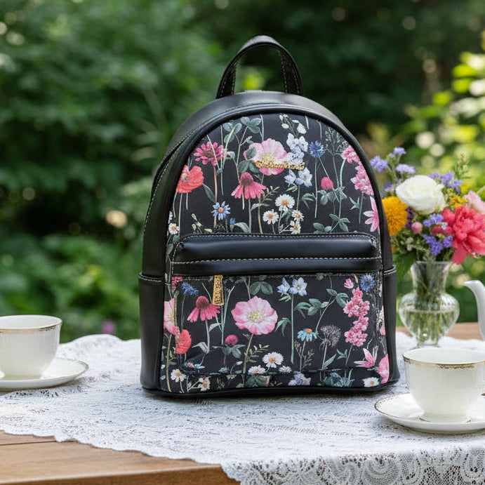 Cotton Road Backpack: BLACK PU Leather Mini Backpack with FLORAL Panel LIFESTYLE