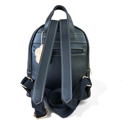 Cotton Road Backpack: BLACK PU Leather Mini Backpack with FLORAL Panel back