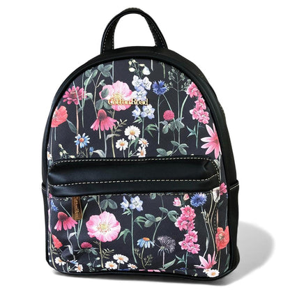 Cotton Road Backpack: BLACK PU Leather Mini Backpack with FLORAL Panel front