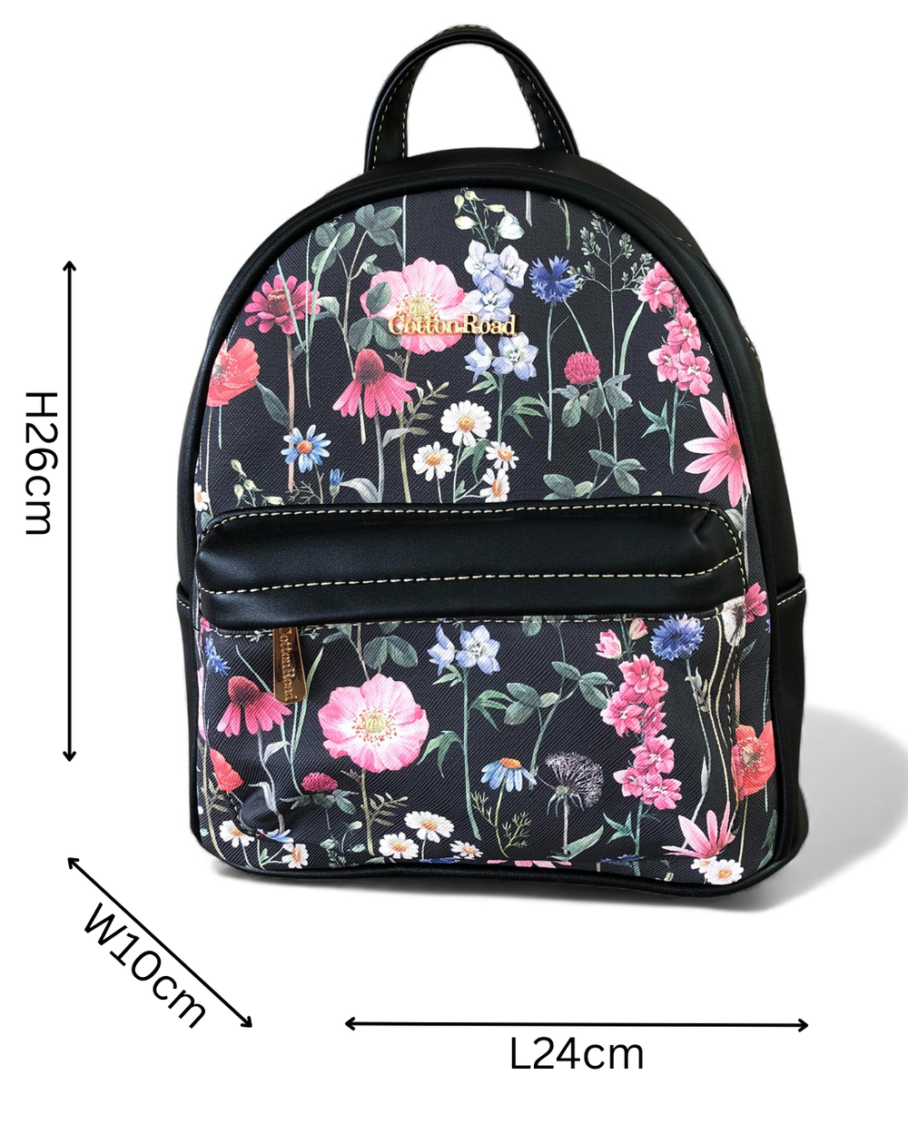 Cotton Road Backpack: BLACK PU Leather Mini Backpack with FLORAL Panel size