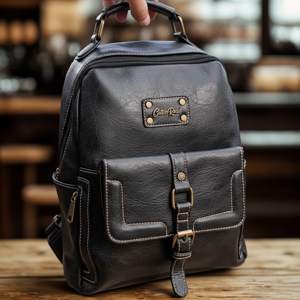 Cotton Road Backpack: BLACK PU Leather Vintage Style Backpack