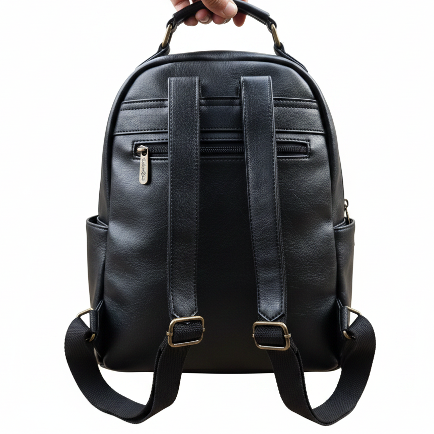 Cotton Road Backpack: BLACK PU Leather Vintage Style Backpack BACK