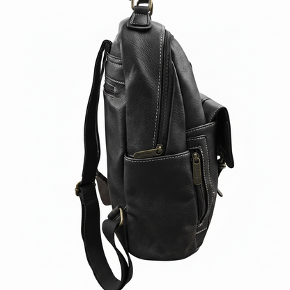 Cotton Road Backpack: BLACK PU Leather Vintage Style Backpack SIDE