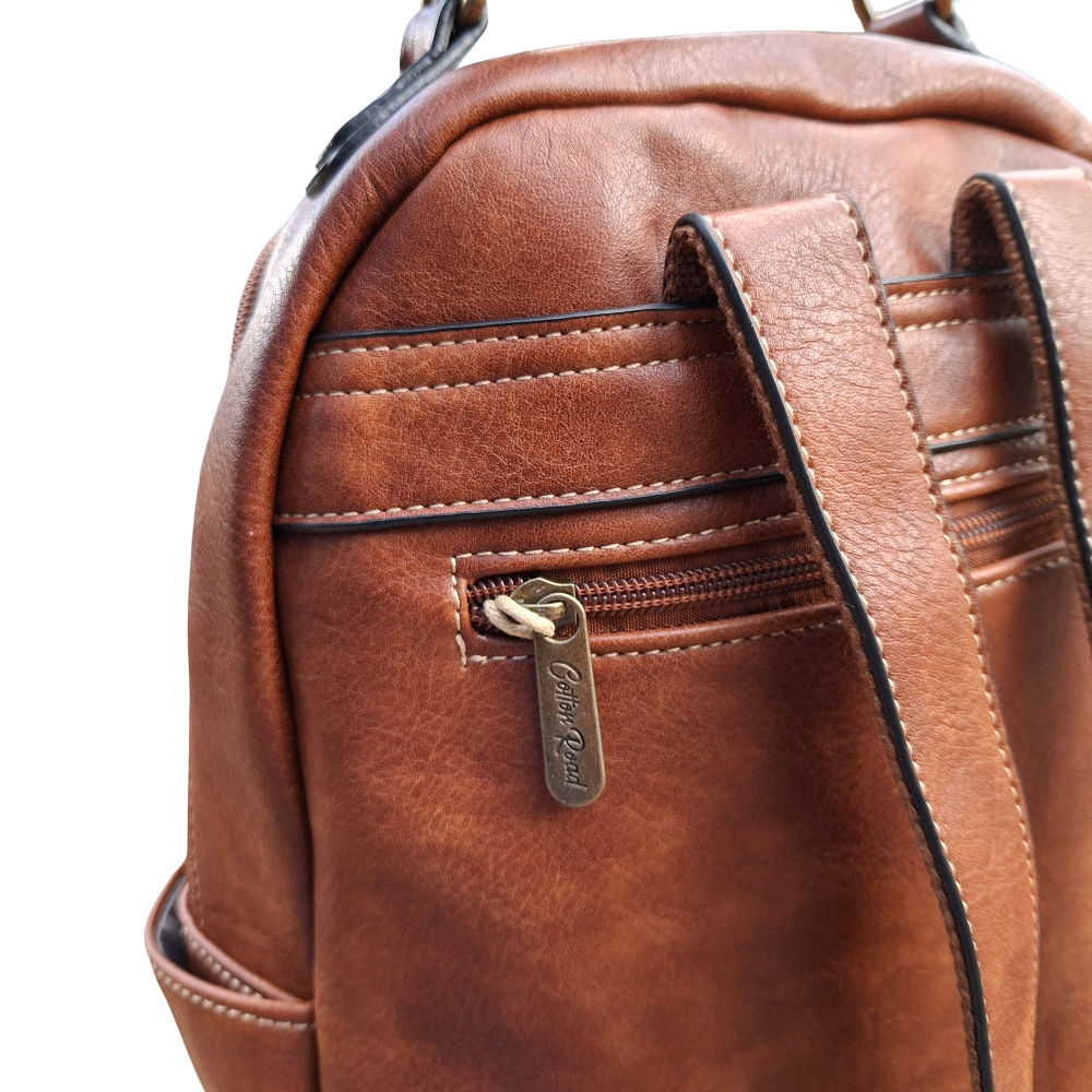 Cotton Road Backpack: BROWN PU Leather Vintage Style Backpack back view