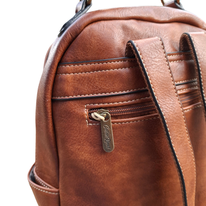Cotton Road Backpack: BROWN PU Leather Vintage Style Backpack back view