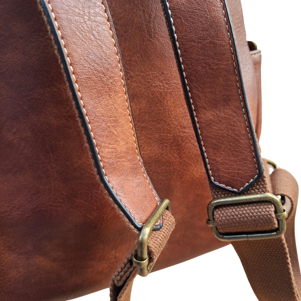 Cotton Road Backpack: BROWN PU Leather Vintage Style Backpack backstraps