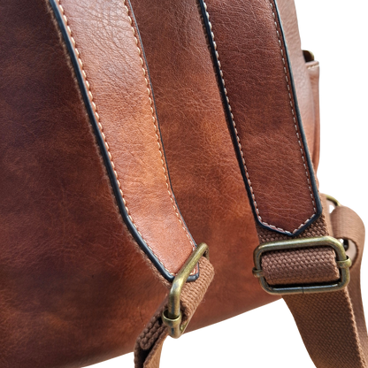 Cotton Road Backpack: BROWN PU Leather Vintage Style Backpack backstraps