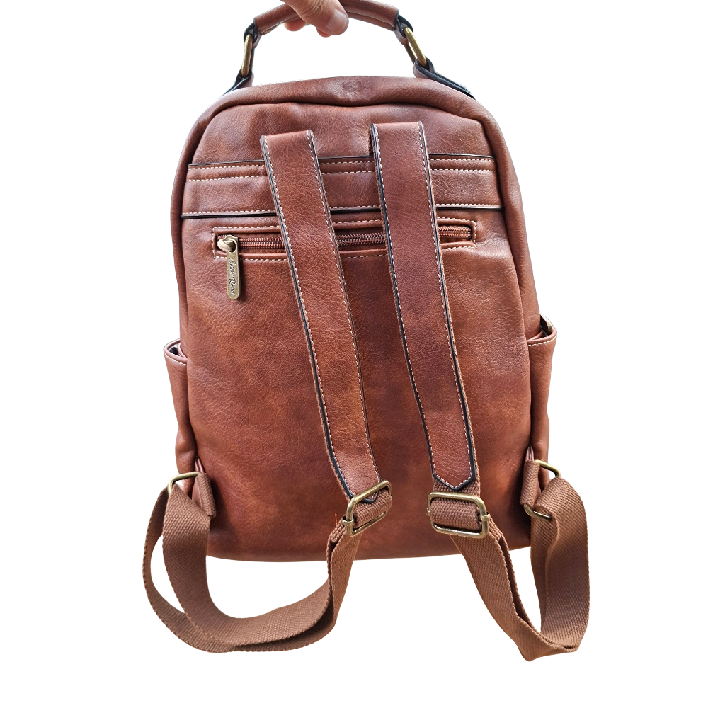Cotton Road Backpack: BROWN PU Leather Vintage Style Backpack backstraps back view